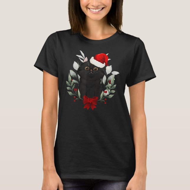 Camiseta Navidades de gato negro de Santa Hat reno alumbran (Anverso)