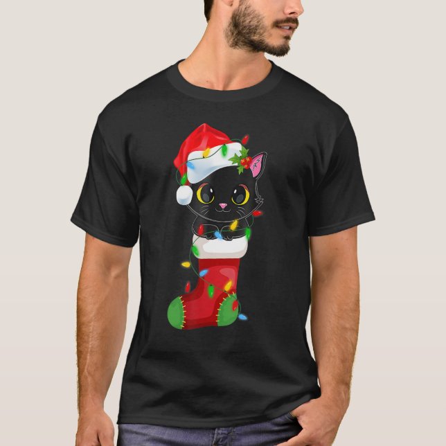 Camiseta Navidades de gato negro de Santa Hat reno alumbran (Anverso)