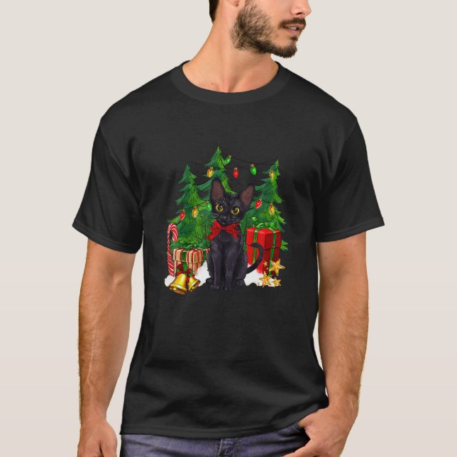 Camiseta Navidades de gato negro de Santa Hat reno alumbran (Anverso)