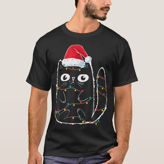 Camiseta Navidades de gato negro lindo iluminan Meow Kitty  (Anverso)