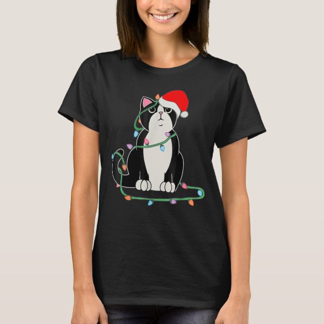 Camiseta Navidades de gatos de Tuxedo iluminan a Gorra de n (Anverso)