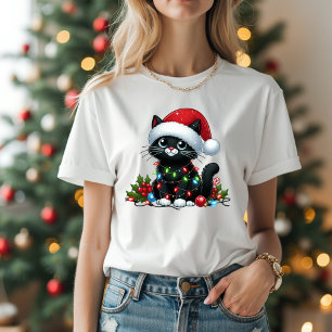 Camiseta navidades de gatos negros lindos luces