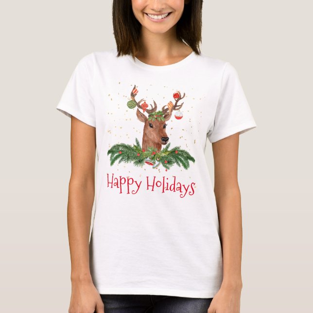 Camiseta Navidades de Gold Fleck Deer Happy Holidays (Anverso)