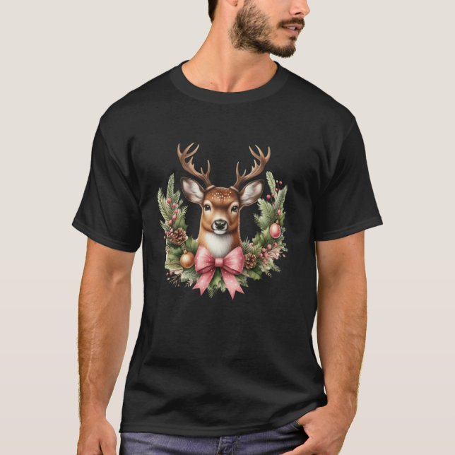 Camiseta Navidades de guirnaldas rosadas de coqueta de reno (Anverso)