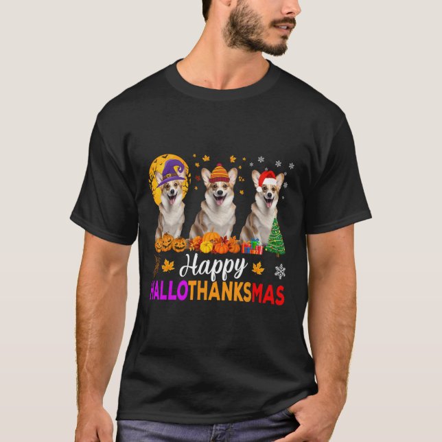 Camiseta Navidades de Halloween de Corgi Dog Hallothanksmas (Anverso)