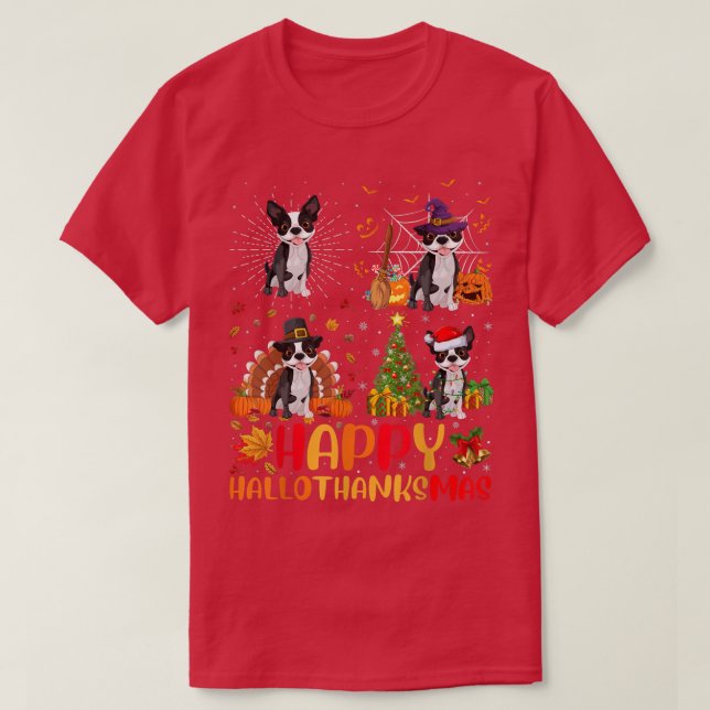 Camiseta Navidades de Halloween divertidos perros de Boston (Diseño del anverso)