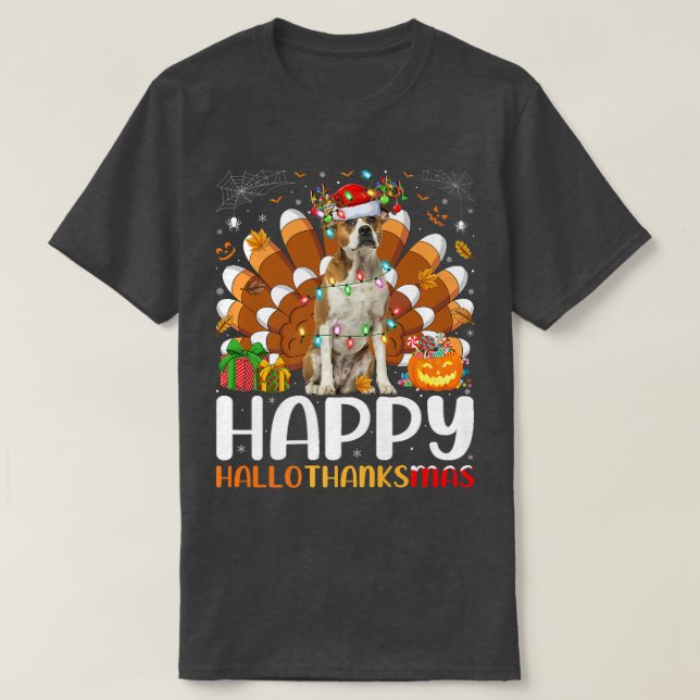 Camiseta Navidades de Halloween en Bulldog americano Feliz  (Diseño del anverso)