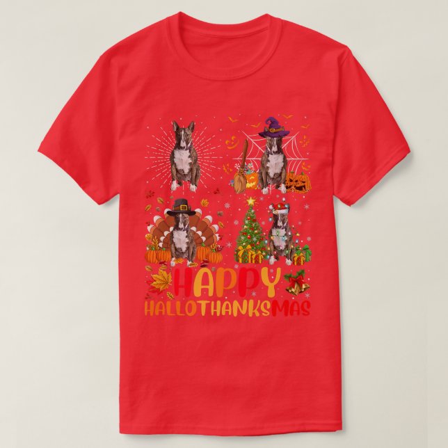 Camiseta Navidades de Halloween Funny Bull Terrier Dog Hall (Diseño del anverso)