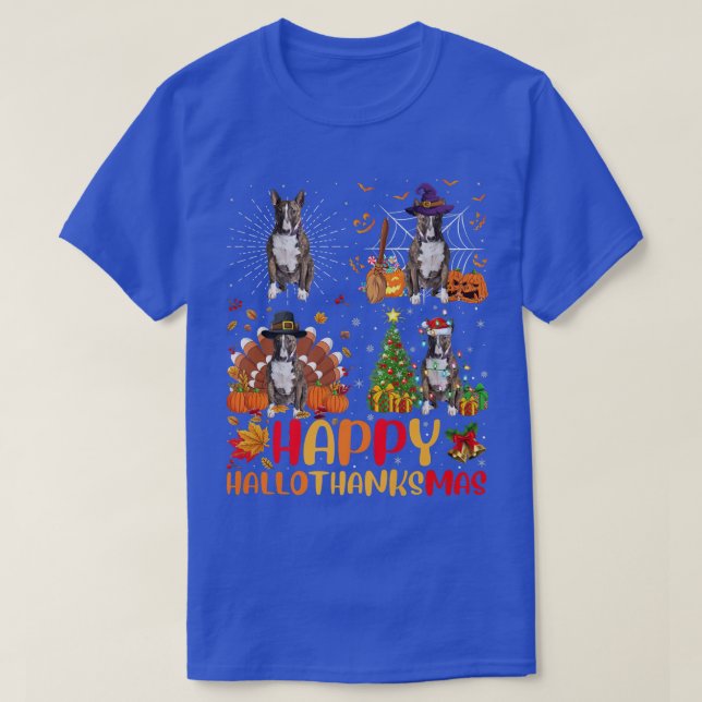 Camiseta Navidades de Halloween Funny Bull Terrier Dog Hall (Diseño del anverso)