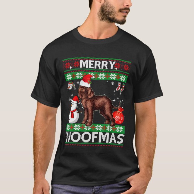 Camiseta Navidades de Irish Water Spaniel Merry Woofmas (Anverso)