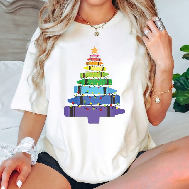 Camiseta Navidades de la escuela profesora Crayons Tree con (Christmas School Teacher Crayons Tree with Light T-Shirt)
