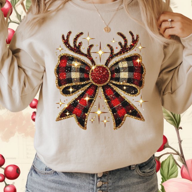 Camiseta Navidades de la Red Plaid Reindeer Bow-Coquette Bo (Subido por el creador)