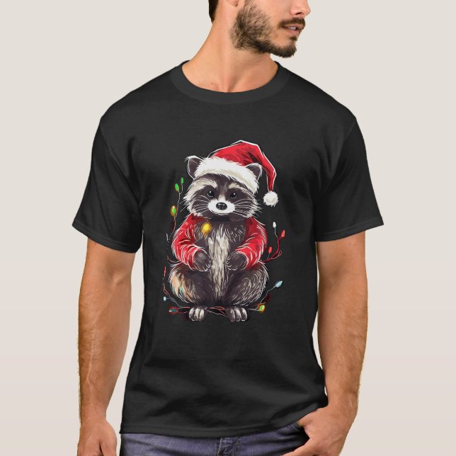 Camiseta Navidades de mapache alumbran Santa Hat Xmas Pajam (Anverso)
