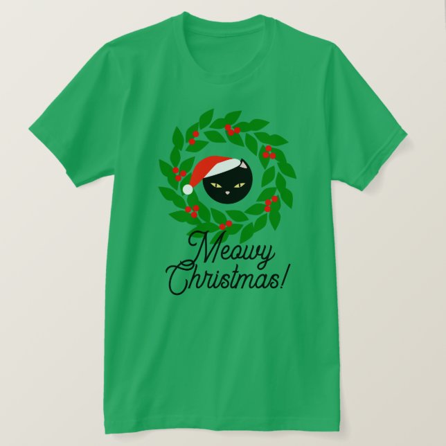 Camiseta Navidades de Meowy, gato negro de Santa Verde Rojo (Anverso del diseño)
