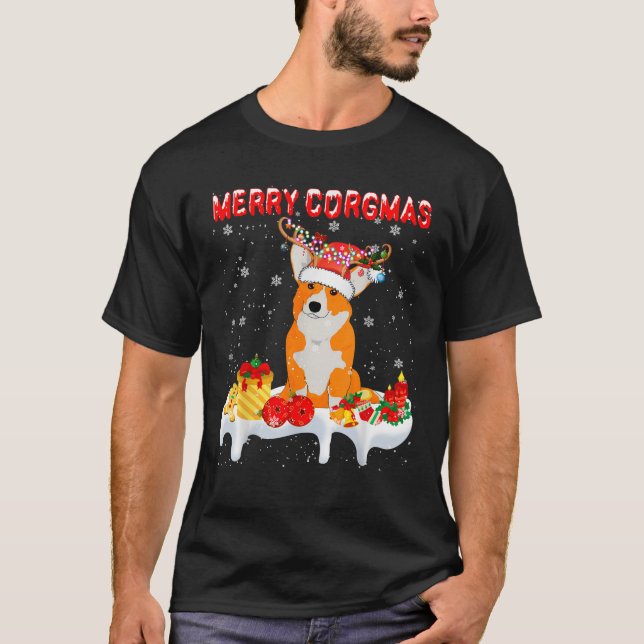 Camiseta Navidades de Merry Corgmas alumbran coro de reno d (Anverso)