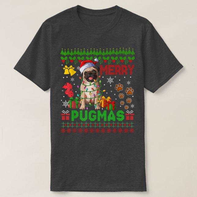 Camiseta Navidades de Merry Pugmas iluminan familia de perr (Diseño del anverso)