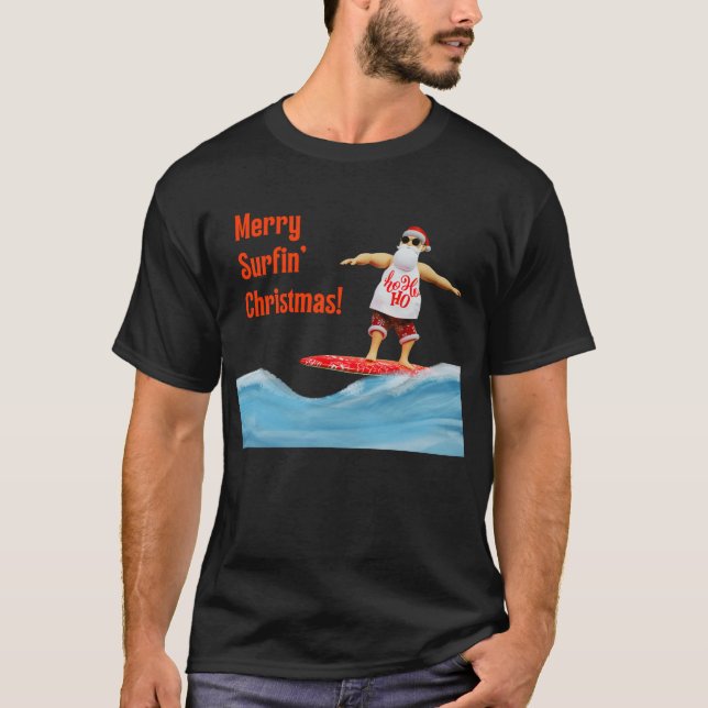 Camiseta Navidades de Merry Surfin Santa en Surfboard (Anverso)