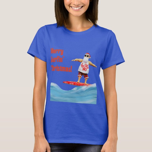 Camiseta Navidades de Merry Surfin Santa en Surfboard (Anverso)