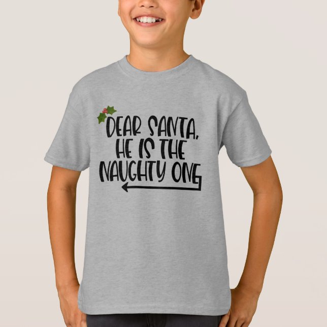 Camiseta Navidades de niños divertidos. Él es el travieso. (Anverso)