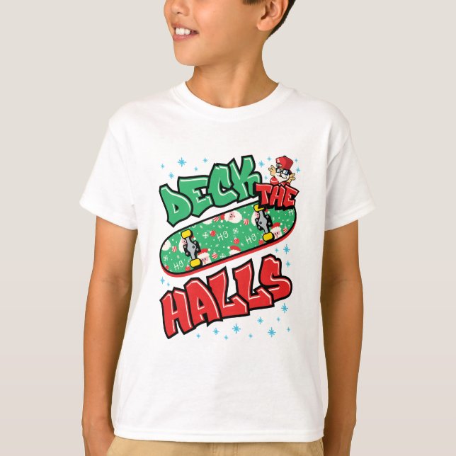Camiseta Navidades de patinaje en patineta en los pasillos (Anverso)