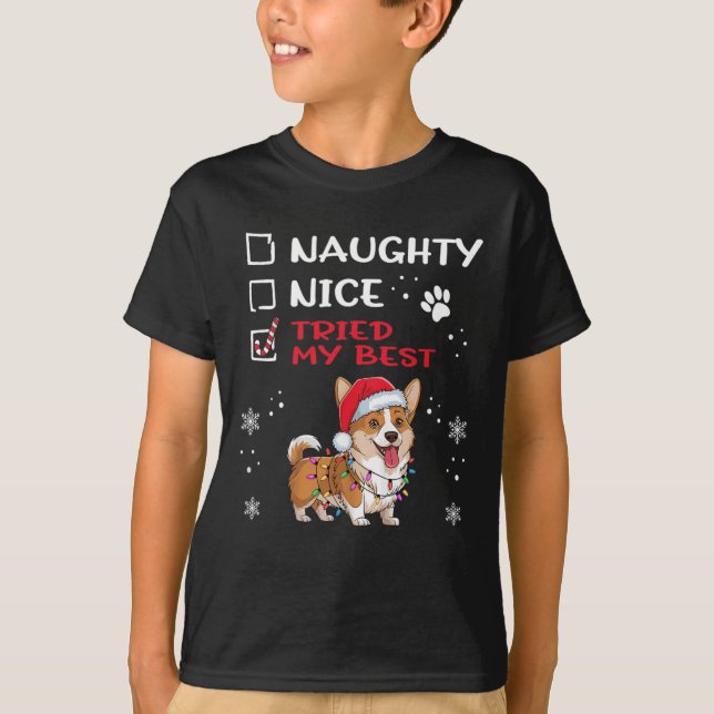 Camiseta Navidades de perro de Cardigan Welsh Corgi Naughty (Anverso)