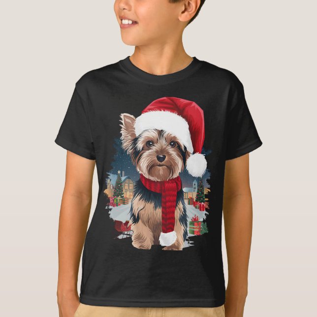 Camiseta Navidades de perro de Cute Yorkie Santa Hat Scarf  (Anverso)