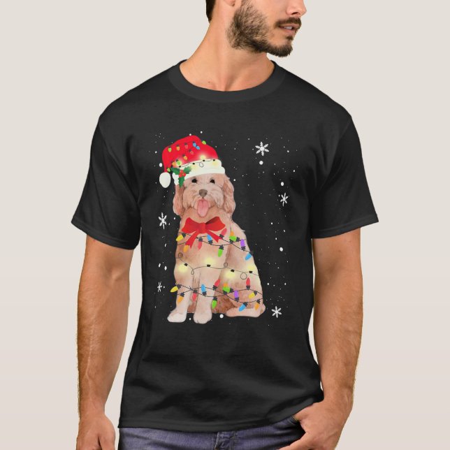 Camiseta Navidades de perro de goldendoodle alumbran navida (Anverso)