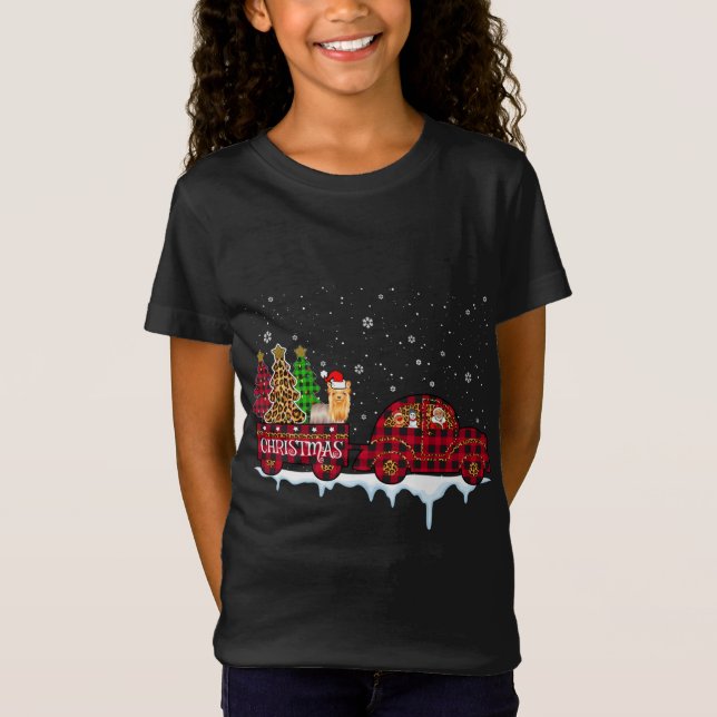 Camiseta Navidades de perro de Yorkshire Red Plaid Truck Sa (Anverso)