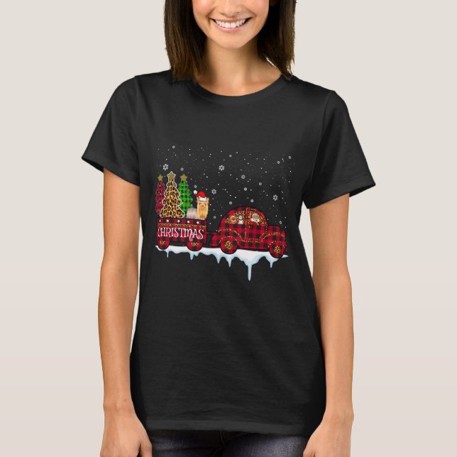 Camiseta Navidades de perro de Yorkshire Red Plaid Truck Sa (Anverso)