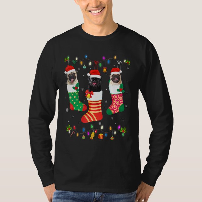 Camiseta Navidades De Perro Encienden A Tres Perros De Pug  (Anverso)