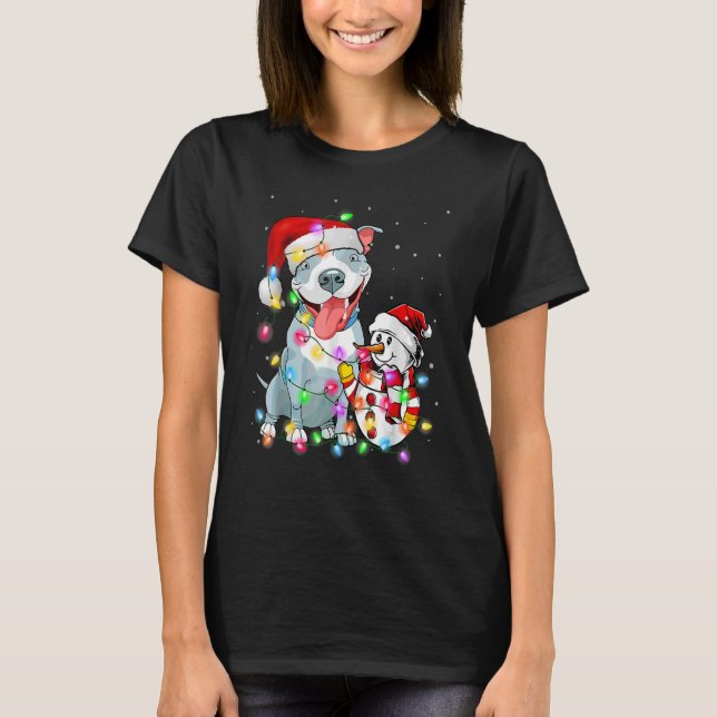 Camiseta Navidades de Perro Pitbull Snowman Xmas enciende P (Anverso)