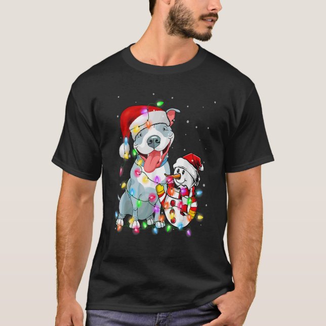 Camiseta Navidades de Perro Pitbull Snowman Xmas enciende P (Anverso)