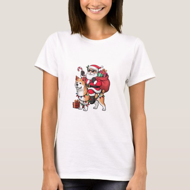 Camiseta Navidades de perros Akita Inu en Santa Riding (Anverso)