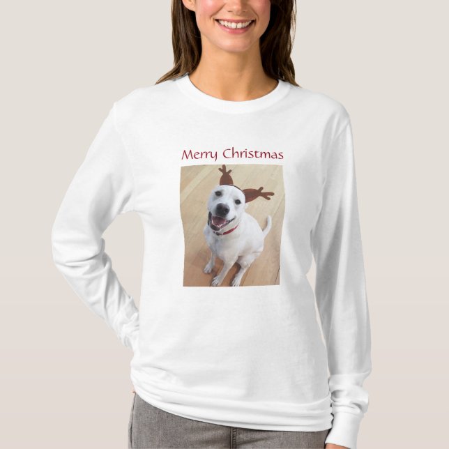 Camiseta Navidades de perros de renos blancos sonrientes (Anverso)