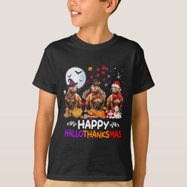Camiseta Navidades de Pitbull Dog Felices Hallothankmas Tha (Anverso)