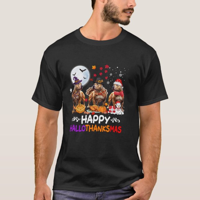 Camiseta Navidades de Pitbull Dog Felices Hallothankmas Tha (Anverso)