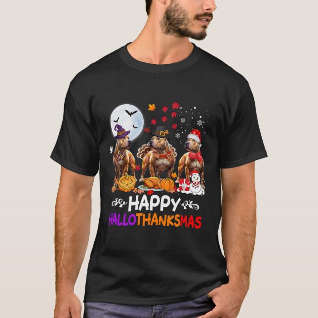 Camiseta Navidades de Pitbull Dog Felices Hallothankmas Tha (Anverso)