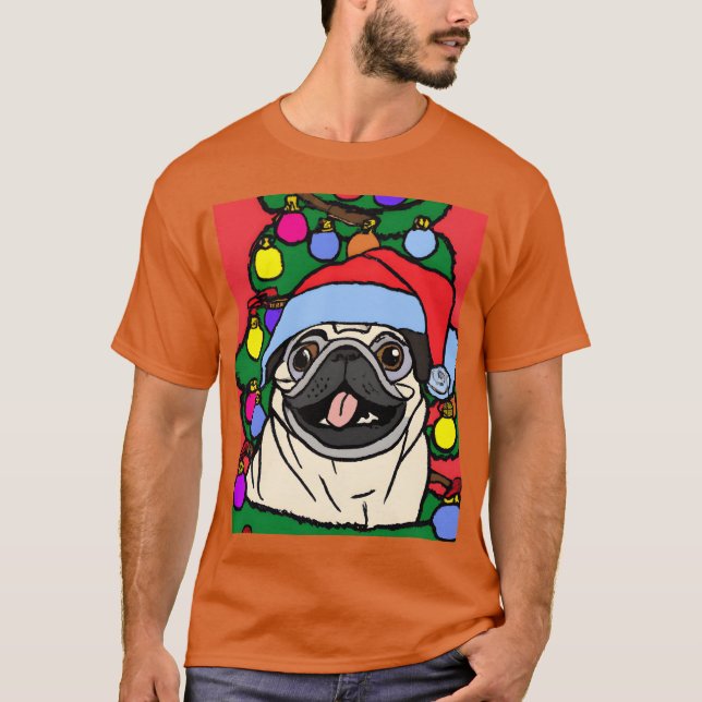 Camiseta Navidades De Pug Tirando Con Navidades Gorra Y Ret (Anverso)