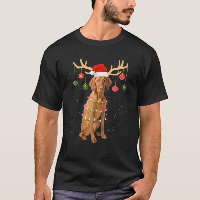 Camiseta Navidades de reno Vizsla Dog Santa Hat encienden n (Anverso)
