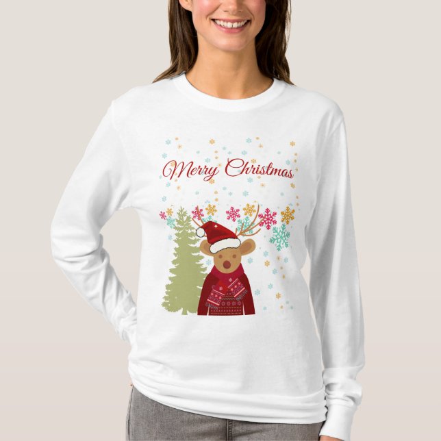 Camiseta Navidades de renos de copas de nieve en árbol de N (Anverso)