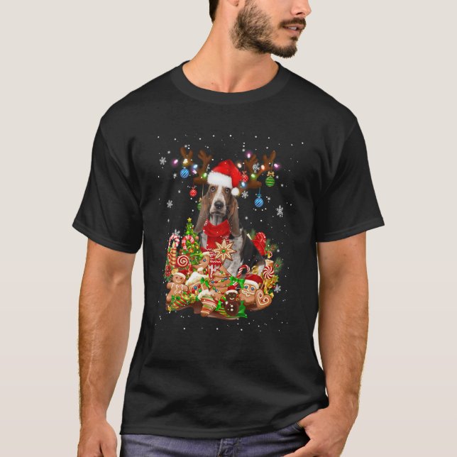Camiseta Navidades de renos de la cuta basset iluminan a Sa (Anverso)