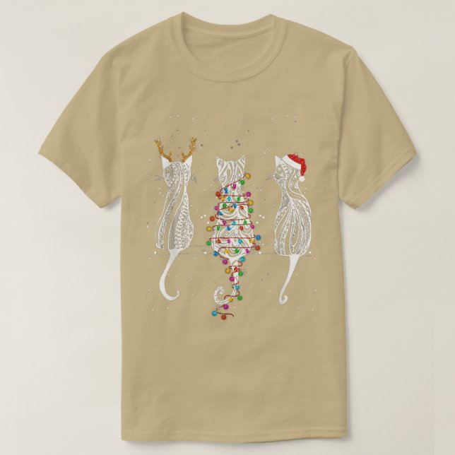 Camiseta Navidades de renos gatitos gatos alumbran árbol (Diseño del anverso)