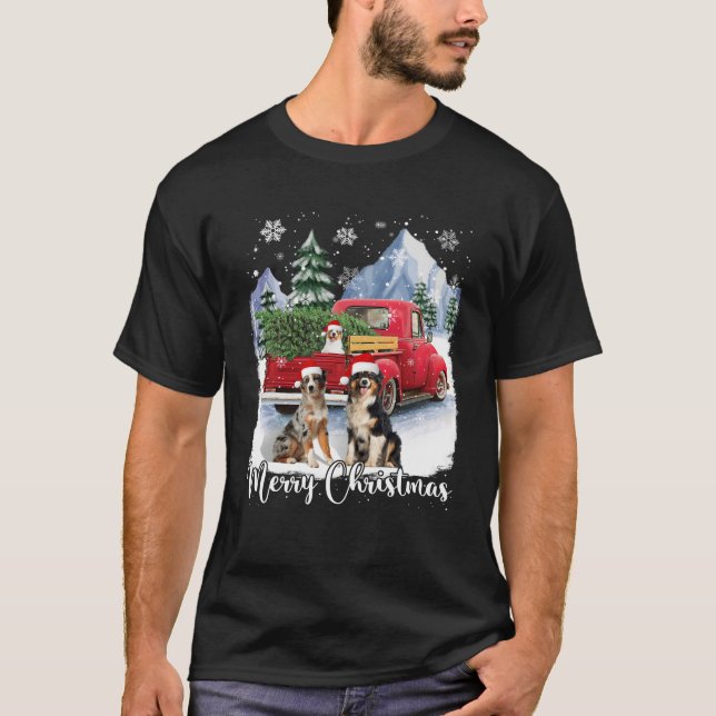 Camiseta Navidades de Santa Australian Shepherd Red Truck X (Anverso)