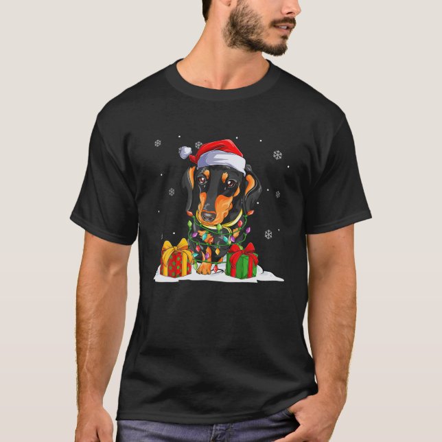 Camiseta Navidades de Santa Dachshund iluminan a un perro d (Anverso)
