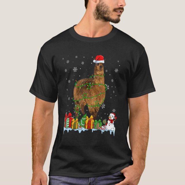 Camiseta Navidades de Santa Hat Alpaca iluminan animales (Anverso)