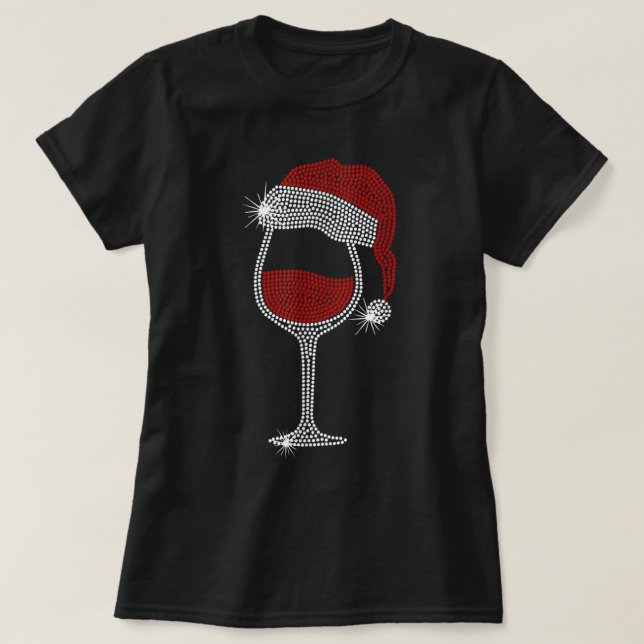 Camiseta Navidades de Santa Hat Wine Bling Diamante de imit (Diseño del anverso)