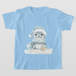 Camiseta Navidades de sellos de sombrero azul blanco Santa