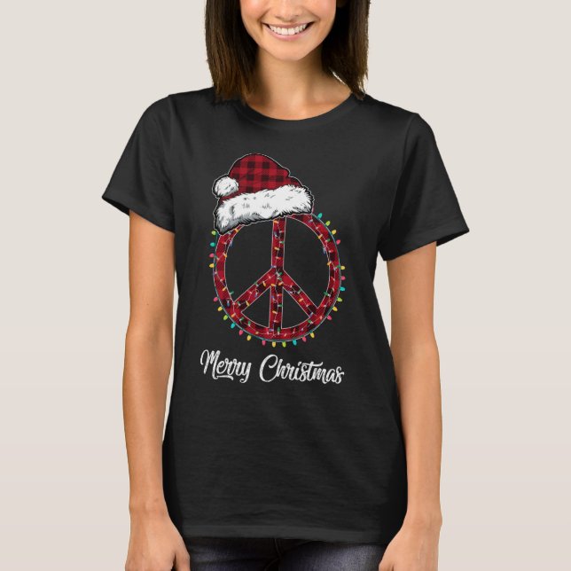 Camiseta Navidades de señas de la paz rojas iluminan Hippie (Anverso)