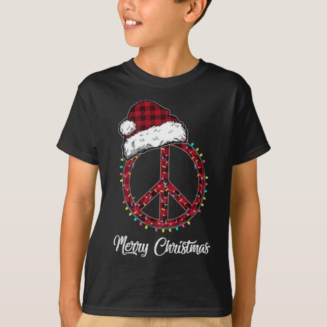 Camiseta Navidades de señas de la paz rojas iluminan Hippie (Anverso)