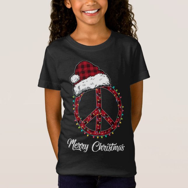 Camiseta Navidades de señas de la paz rojas iluminan Hippie (Anverso)